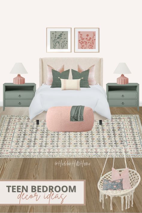 Teen girls bedroom decor mood board with pink and green Green Girls Room, Pink Green Bedrooms, Girls Bedroom Green, Tilly Upholstered Bed, Green Girls Rooms, Decor Mood Board, Teen Girls Room, Teen Girls Bedroom, Green Bedroom Decor