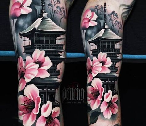 Tattoo photo - Pagoda tattoo by A.d. Pancho Japanese Pagoda Tattoo, Pagoda Tattoo, Japanese Temple Tattoo, Tato Geisha, Tato Irezumi, Japanese Leg Tattoo, Geisha Tattoo Design, Blossom Tree Tattoo, 42 Tattoo