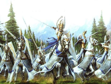 High Elven Silver Helms, the rank and file cavalry of an Asur Warhost. With lances they charge at the enemy line without blinking, their bright silver helms shinning in the light, blinding the foe before they meet their ultimate end either under the hooves of High Elven steeds or by the lances of the knights themselves Paul Dainton, Warhammer High Elves, Cavalry Charge, Elf Characters, Elf Art, High Elf, Fantasy Battle, Warhammer Art, Knight Art