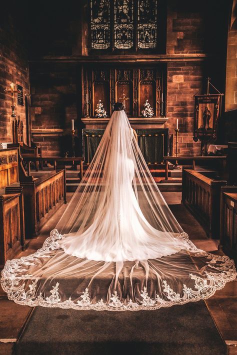 Single Tier Lace Edge Cathedral Veil, Ivory PB9040 - Topknot Tiaras & Veils Veil With Lace Dress, Cathedral Train Wedding Dress, Long Cathedral Veil, Veil For Wedding, Long Veils Bridal, Dramatic Veil, Cathedral Length Wedding Veil, Long Wedding Veil, Glam Ideas