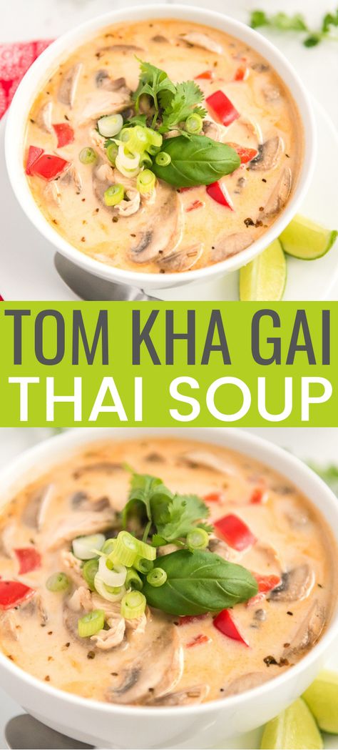 This Tom Kha Gai Soup recipe, also known as Chicken Coconut Soup, is an incredibly aromatic and flavorful Thai dish made with chicken, mushrooms, peppers, in a creamy coconut broth. via @sugarandsoulco Tom Kha Gai Soup Recipe, Tom Kha Gai Soup, Chicken Coconut Soup, Asian Soup Recipes, Tom Kha Gai, Chicken Coconut, Chicken Mushrooms, Tom Kha, Thai Soup