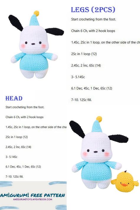 Amigurumi Pochacco Puppy Free Pattern - Amigurumi toys Crochet Pochacco Free Pattern, Cartoon Crochet Patterns Free, Pochacco Crochet Pattern, Crochet Pochacco, Invisible Join, Animal Plushies, Crochet Puppy, Amigurumi Dog, Crochet Penguin