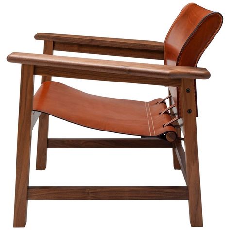 Contemporary Saddle Up Armchair in Tan Saddle Leather and Natural Walnut Leather Wood Furniture, Stuart Scott, Chair Detail, Leather Sling Chair, Campaign Furniture, Wood Furniture Design, Furniture Design Chair, Leather Lounge Chair, Pink Chair