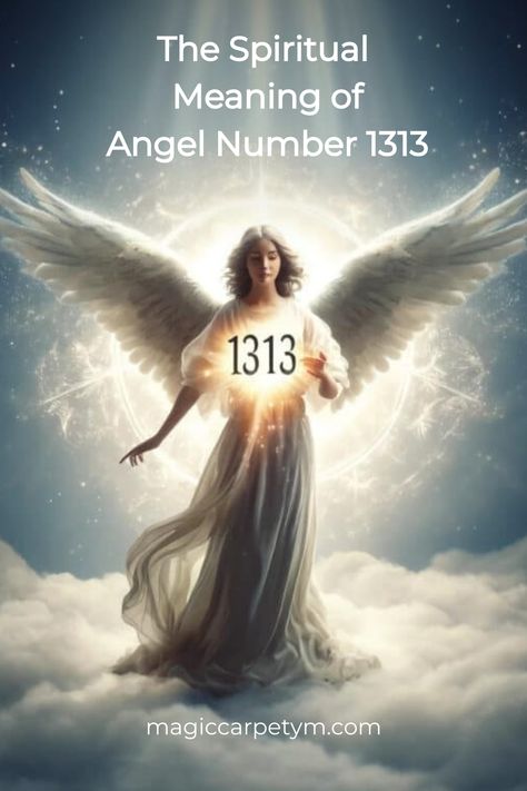 Illustration of an angel with outstretched wings and glowing number 1313, symbolizing spiritual significance; set against a celestial backdrop. 1313 Meaning, 1313 Angel Number, Angel Spirit, Message Of Encouragement, Angel Number Meanings, Embracing Change, Number Meanings, Embrace Change, Personal Relationship