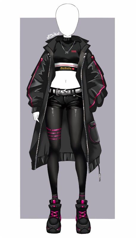 Cyberpunk Outfit Design Drawing, Techno Outfit Drawing, Tomboy Outfits Drawing Reference, Cyberpunk Dress Art, Cyberpunk Outfit Character Design, Cyberpunk Fantasy Outfit, Cyberpunk Clothing Design, Black Clothes Drawing, Cyberpunk Inspired Outfit