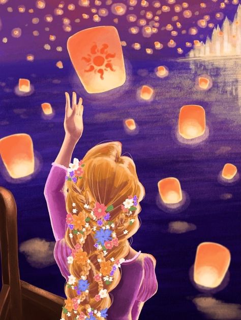 Rapunzel Floating Lights Painting, Tangled Art Painting, Tangled Lanterns Drawing, Rapunzel Looking Out Window, Princess Painting Canvas, Tangled Painting Ideas, Rapunzel Painting, Rapunzel Art, Princesa Rapunzel Disney