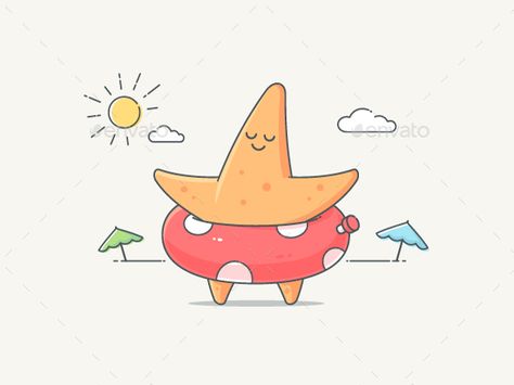 Happy starfish cartoon mascot character enjoying on the beach vector cartoon illustration. Included vector EPS10 file and high re Beach Vector, Cartoon Mascot, Sports Flyer, Church Flyer, Mascot Character, Vector Cartoon, Mood Board Design, Sea Animals, Cartoon Illustration