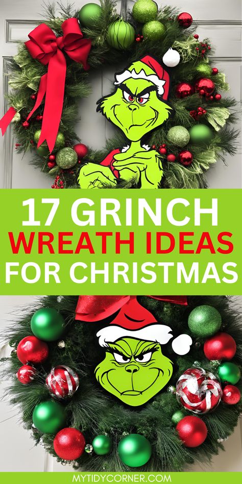 Collage of grinch wreath ideas for Christmas. Grinch Christmas Wreaths, Grinch Wreath Ideas, Grinchmas Decorations Diy, Grinch Christmas Wreath, Wreaths For Christmas, Unique Christmas Decor, Grinch Crafts, Christmas Wreath Ideas, Grinch Wreath