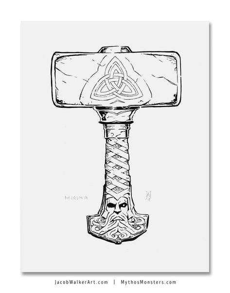 Thors Hammer Tattoo, Thor Hammer Tattoo, Mjolnir Tattoo, Runes Tattoo, Viking Drawings, Thor Tattoo, Fenrir Tattoo, Hammer Tattoo, Norse Mythology Tattoo