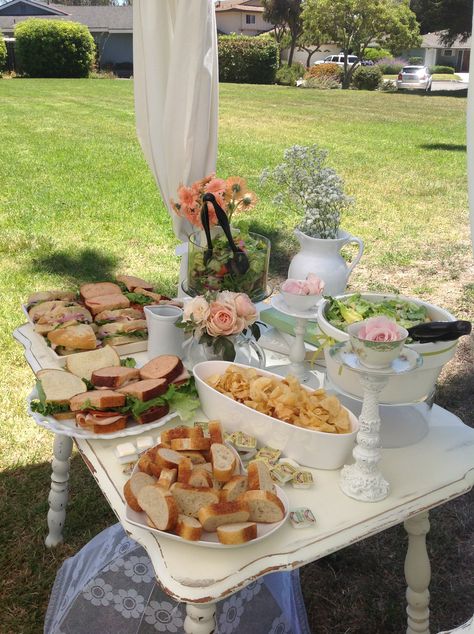 Tea Party food setup Tea Party Ideas Outdoor, Tea Party Food Setup, Tea Party Beverage Station, Tea Party Serving Table, Outdoor Tea Party Aesthetic, Backyard Party Setup Food Tables, Outdoor Food Setup, Tea Party Table Setup, Tea Party In The Park