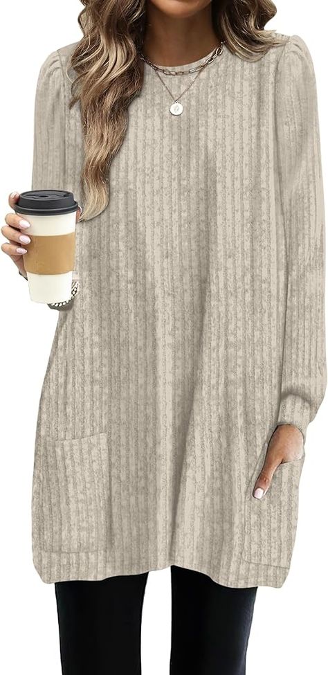 OFEEFAN Long Tunic Tops to Wear with Leggings Womens Sweaters Loose Fit Caramel L at Amazon Women’s Clothing store Tunic Sweaters For Women, Tunic Sweaters, Long Sleeve Shirts For Women, Christmas Tunic, Long Sweaters For Women, Casual Work Wear, Long Tunic Tops, Pocket Tunic, Womens Sweaters