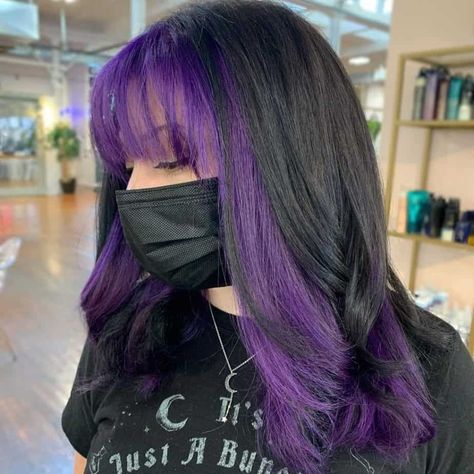 Purple And Black Hair With Bangs, Purple Hair With Black Tips, Half Purple Half Brown Hair, Purple And Black Hair Ideas, Purple Hair With Dark Roots, Black And Purple Hair Ideas, Black With Purple Highlights, Alt Hair Dye, Purple Bangs