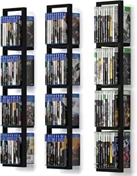 Dvd Storage Shelves, Video Game Organization, Set Up Gamer, Video Game Storage, Black Wall Shelves, Cd Dvd Storage, Media Shelf, Black Floating Shelves, Shelves For Wall