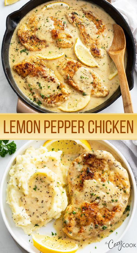 lemon pepper chicken with a side of mashed potatoes and slices of lemon Recipes With Chicken And Peppers, Easy Skillet Meals, Lemon Garlic Chicken, Stove Top Recipes, Easy Skillet, Lemon Pepper Chicken, Pepper Chicken, Sauce For Chicken, Chicken Stuffed Peppers