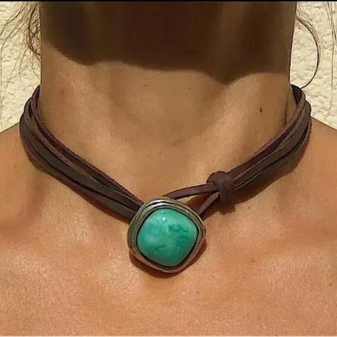 Artisan Turquoise Pendant Choker Necklace. Can Be Made Any Size. Ethnic, Handmade Piece That Can Be Customized To Any Size. Cord Can Be Made In Brown Or Black. Silver And Turquoise Jewelry, Boho Necklace Diy, Bohemian Choker Necklace, Layered Coin Necklace, Pendant Choker Necklace, Bohemian Chic Fashion, Pendant Choker, Bohemian Necklace, Boho Vintage