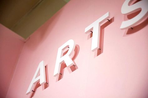 White plastic sign letters raised off pink color art show wall that say ART Corporate Signs, Signs Business, Lobby Sign, Sign Letters, Wall Signage, Acrylic Signage, Plastic Letters, Business Signage, Plastic Signs