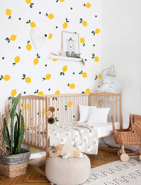 [ITEM NO. 24259] Lemon Wall Decal
[SET INCLUDED]
> 45 Lemon / > 45 Leaves (3 Shapes) / > 36 Dots

[DECAL SIZE]
Lemon and leaves measure from 3.5” wide to 7.5” tall
Dot measures from 1.3” wide to 1.3” tall

• The above items are all separated so you can place them wherever you wish.
• Included FREE Application tool and detailed Step-by-step Instructions with every purchase
• This is an exclusive design only from PinkNBlueBaby and Wcookie! Lemon Nursery Theme, Fruit Themed Nursery, Citrus Nursery, Lemon Room, Lemon Nursery, Wall Decals For Nursery, Baby Room Decals, Wall Decal Nursery, Italian Theme