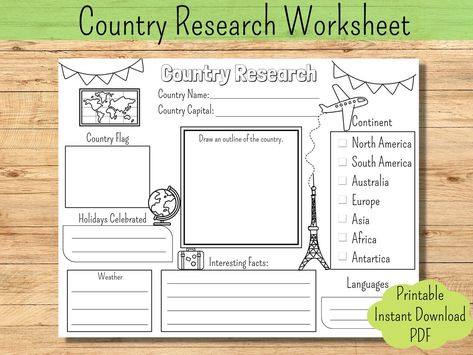 Your kids can enjoy doing research for any country with this printable worksheet. Country Worksheet, Research Worksheet, Country Report, Flag Drawing, Social Emotional Activities, Homeschool Social Studies, Country Facts, Research Writing, Homeschool History