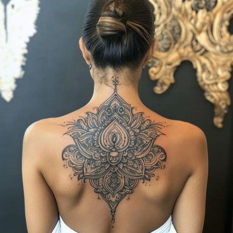 Stunning mandala tattoo design on a woman's upper back, featuring intricate patterns and symmetrical designs. Large Cover Up Tattoos For Women Back, Large Cover Up Tattoo, Tattoo Covering, Large Mandala, Intricate Mandala, Back Of Neck Tattoo, Neck Tattoos Women, Neck Tattoos, Tattoos Women