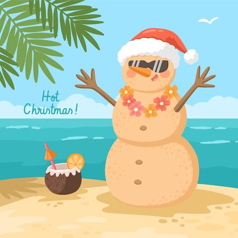 Christmas In July Illustrations, Summer Xmas Decorations, Christmas In The Tropics Decor, Tropical Christmas Illustration, Summer Christmas Illustration, Summer Christmas Decorations, Surf Christmas, Santa On The Beach, Beach Doodles