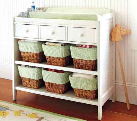 Cute storage Change Table Organization, Baby Change Table, Organization Baskets, Dresser Dresser, Table Organization, Green Baby Room, Change Table, Baby Changing Station, Changing Tables