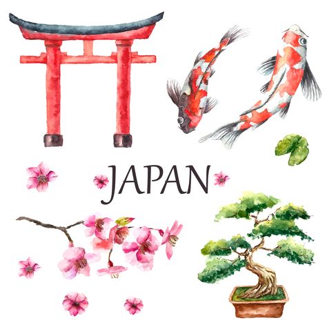 Watercolor Japan set. Japanese capital signs. Japan Watercolor, Watercolor Koi Fish, Japan Image, Japanese Tree, Japanese Watercolor, Japanese Drawings, Cherry Blossom Branch, Bonsai Art, Japanese Flowers