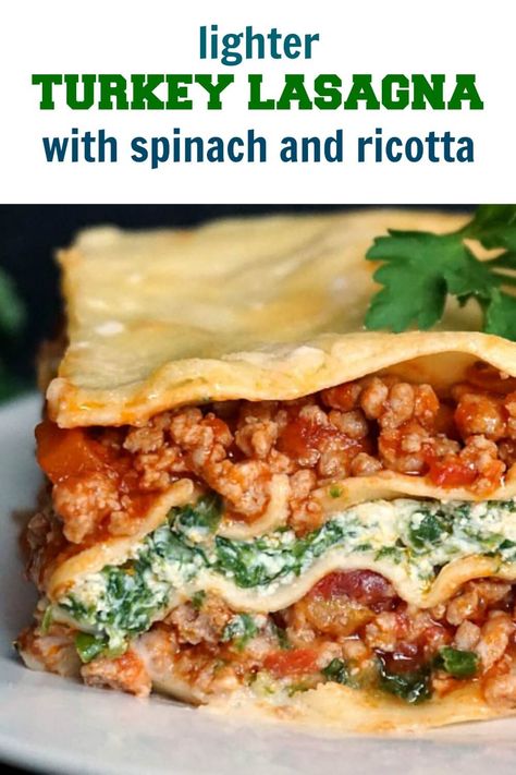 Turkey Spinach Lasagna Recipe, Ground Turkey Lasagna, Lasagna Recipe Without Ricotta, Spinach And Ricotta Lasagna, Lasagna With Spinach, Delicious Turkey Recipes, Healthy Lasagna Recipes, Lasagna Recipe With Ricotta, Healthy Lasagna