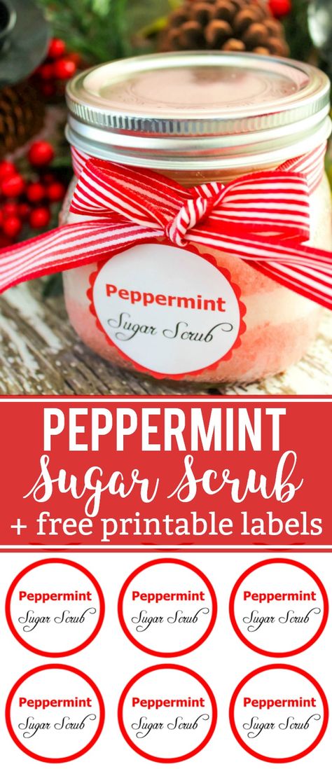 Homemade Peppermint Sugar Scrub Recipe wit Free Printable Labels - Easy DIY Holiday Gift Idea! Peppermint Sugar Scrub Labels Printable, Sugar Scrub Labels Printable Free, Peppermint Sugar Scrub Diy, Diy Peppermint Sugar Scrub Recipe, Sugar Scrub Diy Peppermint, Sugar Scrub Labels, Peppermint Sugar Scrub, Peppermint Scrub, Sugar Scrub Homemade Recipe