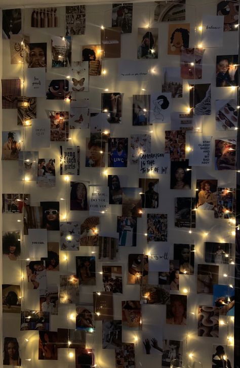 Photos To Hang On Wall Aesthetic, Lights With Photos On Wall, Photo Fairy Lights Wall, Aesthetic Pictures To Hang On Your Wall, Lights And Pictures In Bedroom, Polaroid Wall With Fairy Lights, Fairy Lights With Photos, Friend Photo Wall Collage Bedroom, Picture Wall With Lights Above