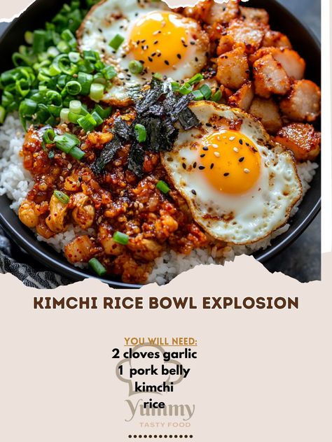 🌶️ Spice up your mealtime with this explosive Kimchi Rice Bowl! 🍚🔥 Kimchi Rice Bowl Explosion Ingredients: - 2 cups cooked rice - 1 cup kimchi, chopped - 1/2 cup sliced pork belly - 2 cloves garlic, minced - 2 green onions, chopped - 2 eggs - 2 tbsp soy sauce - 1 tbsp sesame oil - 1 tbsp gochujang - Sesame seeds and nori for garnish Instructions: 1. Heat a pan over medium heat and cook pork belly until crispy. Add garlic, green onions, and kimchi. 2. Stir in soy sauce, sesame oil, and gochu... Kimchi Recipe Ideas Dinners, Kimchi Rice Bowl, Sliced Pork Belly, Korean Food Kimchi, Kimchi Rice, Cozy Fall Recipes, Kimchi Recipe, Cooked Rice, Hearty Soups