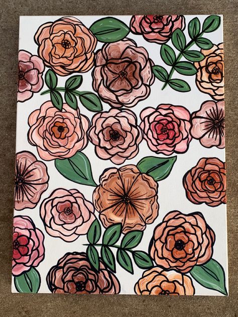 Boho Floral Canvas Painting, Flower Painting With Black Outline, Posca Floral Art, Flower Painting Outline, Floral Marker Art, Floral Painting Easy, Painting Ideas Sketchbook, Sketchbook Ideas Easy, Painted Flower Pattern