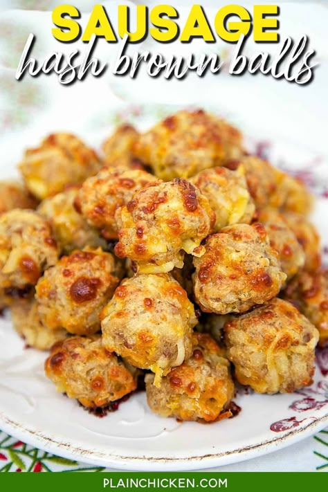 Sausage & Hash Brown Balls {Football Friday} - Plain Chicken Plain Chicken Sausage Balls, Sausage Balls With Hashbrowns, Hashbrown Sausage Balls, Hash Brown Sausage Balls, Sausage Hashbrown Balls, Breakfast Balls Sausage, Crispy Sausage And Hashbrown Bites, Hashbrown Sausage Bites, Breakfast Sausage Meatballs