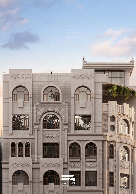 Exterior Design Residential Building, Exterior Residential Building, Elevation With Balcony, Classic Building Exterior, Facade Design Classic, Classic Facade Design, Classic Building Facade, Yemen Architecture, Classic Villa Exterior