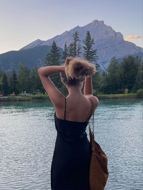 Canadian Summer Aesthetic, Canadian Girl Aesthetic, Banff Aesthetic, Summer Aesthetic Black, Canadian Aesthetic, Aesthetic Black Dress, Backpacking Canada, Blonde Aesthetic, Canada Holiday