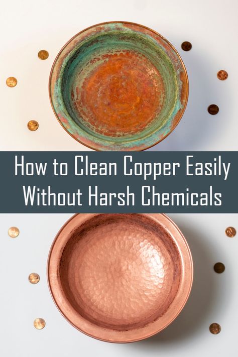 Clean your copper pieces easily without using harsh or expensive chemicals. You'll already have everything you need in your home. Copper Cleaner Diy Remove Tarnish, How To Clean A Copper Kettle, Cleaning Copper Sinks, How To Clean Copper Jewelry, Copper Polish Diy, Clean Copper Pots, Clean Copper Jewelry, How To Clean Copper Sink, Copper Tray Decor Ideas