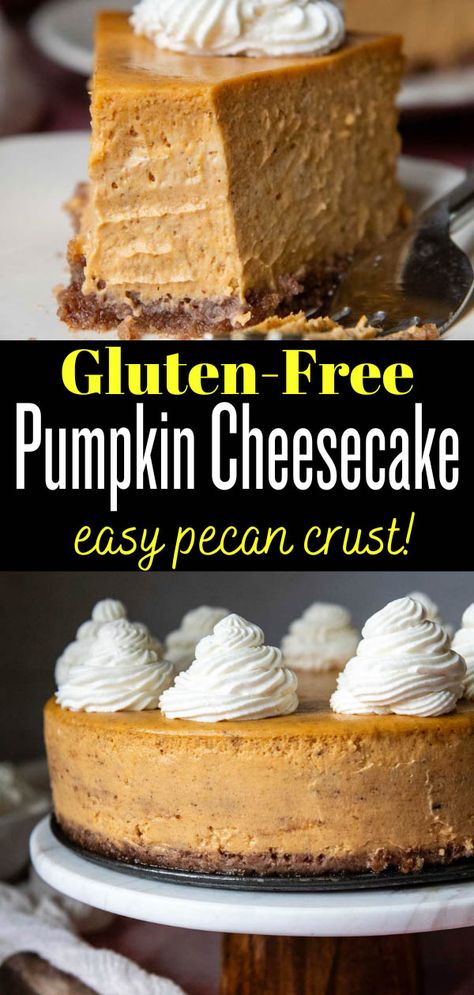 Learn how to make the best gluten-free pumpkin cheesecake with an exceptionally airy, creamy texture and no speciality ingredients required. What's the trick for velvety smooth texture, rather than dense and heavy? This well-tested pumpkin cheesecake filling uses heavy cream and an easy baking technique for guaranteed results. When paired with an easy, 5-minute pecan crust you have a GF pumpkin dessert any home baker can pull off! Gluten Free Pumpkin Cobbler, Gf Pumpkin Cheesecake, Mama Gourmand, Crustless Pumpkin Cheesecake, Gluten Free Cheesecake Recipe, Gf Cheesecake, Paleo Pumpkin Cheesecake, Mamagourmand Recipes, Pumpkin Cheesecake Filling