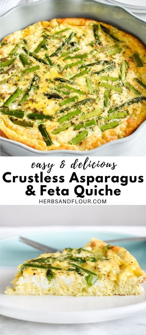 This Crustless Asparagus & Feta Quiche is light, fluffy, and full of flavor. Perfect for a weekend brunch on the patio! Asparagus Quiche Crustless, Brunch Asparagus, Feta Quiche, Asparagus Quiche, Quiche Pan, Crustless Quiche, Grape Tomatoes, Weekend Brunch, Vegetarian Cheese