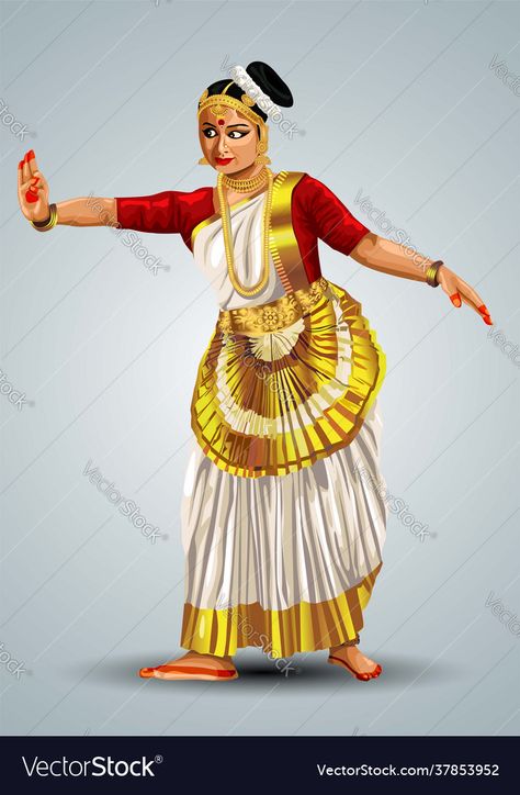 Mohiniyattam Painting, Kerala Culture Illustration, Kerala Art Forms, Kerala Traditional Dance, Onam Theme, Mohiniyattam Dance, Kerala Traditional Dress, Dance Drawing, Walk Ideas