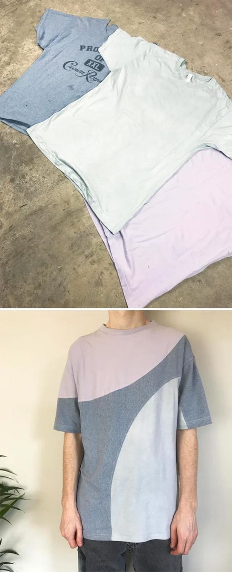 Upcycled 3 Old T-Shirts Into 1 New One T Shirt Upcycle, Upcycle Shirt, Upcycle Tshirt, Fast Fashion Brands, Old Shirts, Old Jeans, Old T Shirts, Thrift Shopping, Sweater Making