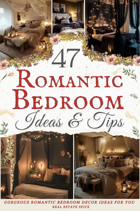 Set the mood with my 47 romantic bedroom ideas that blend cozy ambiance and elegant decor. Discover tips like how to layering soft bedding and textiles, fairy lights, candles, and lanterns, and incorporate canopies to create an intimate, serene space. Perfect for romantic bedroom decor, dreamy lighting ideas, and luxurious bedroom inspiration, these designs and decor tips bring warmth and charm to your retreat. Transform your bedroom into a space that feels inviting and effortlessly romantic! Opulent Guest Bedroom, Pretty Cozy Bedroom, Romantic Home Ideas, Elegant Bedroom Ideas For Women, Beautiful Master Bedrooms Romantic, Light Romantic Bedroom, Airy Romantic Bedroom, B&b Rooms Ideas, Layer A Bed Like A Designer