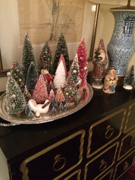 Table Tree Christmas, Bottle Brush Tree Decorating Ideas, Bottle Tree Christmas Decor, Bottle Brush Tree Centerpiece, Bottle Brush Christmas Trees Display, Bottle Brush Christmas Trees Display Mantle, Christmas Bottle Brush Tree Display, Bottle Brush Tree Mantle Display, Bottle Brush Trees Display Mantle