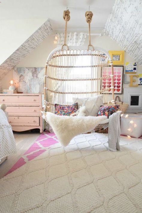 Dreamy kids retreat, courtesy of Nesting With Grace | Double Hanging Chair via Serena & Lily Hanging Rattan Chair, Girl Bedroom Designs, Teen Bedroom Decor, School Furniture, Girl Bedroom Decor, Cute Room Decor, The Ceiling