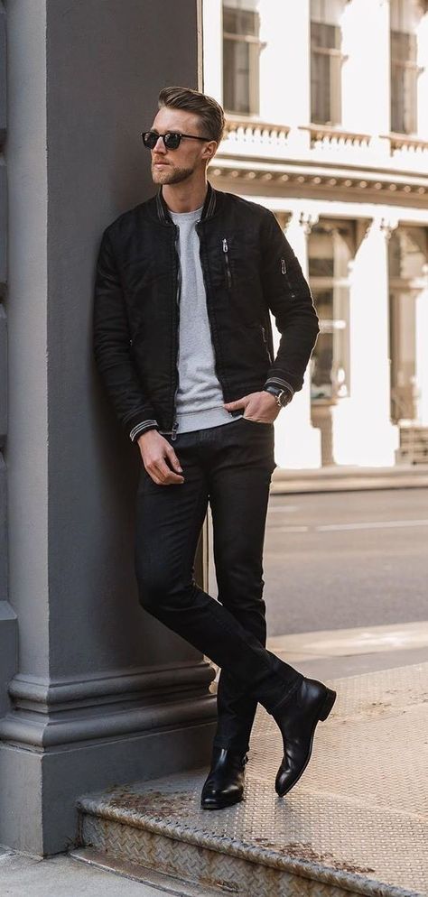 Mens Black Clothing Styles, Pub Wear Outfits For Men, Mens Black Jacket Outfit, Men Black Jacket Outfit, Men’s Black Jacket, Black Dress Shoes Men Outfit, Black Jacket Outfit Mens Casual, Black Jacket Men Outfit, Black Denim Outfit Men