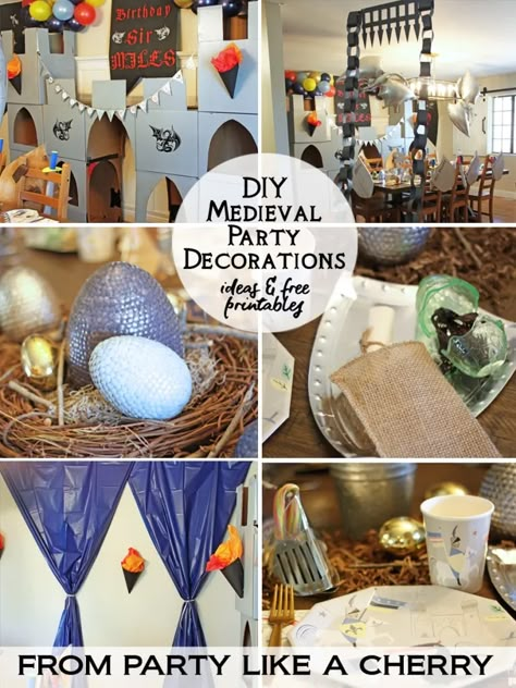 DIY Medieval Party Decorations - Party Like a Cherry Knight Bday Party, Medieval Times Birthday Party, Dungeon Party Decorations, Royal Party Food Ideas, Medieval Kids Crafts, Medieval Halloween Party, Medieval Castle Decor, Medieval Birthday Party Ideas, Medieval Props Diy