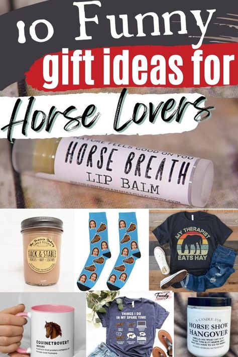 The next time you are in need of a funny gift for your favorite horse lover, scan our gift guide below for some inspiration. We picked a variety of funny gift ideas that are sure to make the recipient laugh! If you are looking for a humorous equestrian or horse themed present, this is a great place to start. Budget-friendly gift options! #horse #gift #equestrian #thegingerbreadpony #giftguide Horse Christmas Gifts, Funny Gift Ideas, Derby Horse, Themed Gift Baskets, Budget Friendly Gift, Equestrian Gifts, Horse Diy, 10 Funniest, Funny Horse