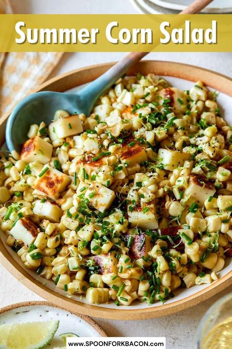 Try this Browned Butter and Halloumi Summer Corn Salad for a perfect summer side dish! Ready in under 30 minutes, it's a versatile salad that complements any meal. Summer Corn Salad Recipe Side Dishes, Corn Salad With Bacon And Honey, Corn Halloumi Salad, Bbq Corn Salad, Summer Corn Salad With Asparagus, Corn Tomato Basil Salad, Bbq Dishes, Summer Corn Salad, Corn Salad Recipes