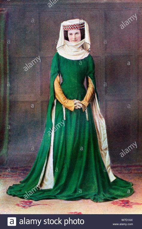 Lady's dress, 14th century, (1910). Artist: Unknown Stock Photo 14th Century Dress, 14th Century Fashion, 14th Century Clothing, Edward Iii, British Costume, Medieval Gown, Medieval Garb, Medieval Clothes, Medieval Woman