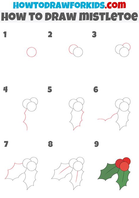 Drawing Of Mistletoe, How To Draw Mistletoe Easy, How To Draw Holiday Stuff, How To Draw A Holly Leaf, Mistletoe Painting Easy, How To Paint Mistletoe, How To Make A Mistletoe Diy, How To Draw Holly Leaves, Miseltoe Drawings