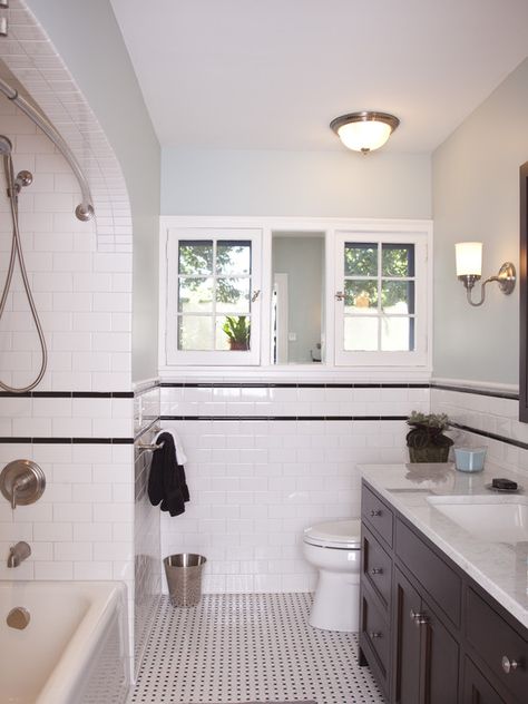 Bathroom Black And White Tile Design, Pictures, Remodel, Decor and Ideas - page 12 Bathroom Black And White Tile, Tudor Bathroom, Tile Bathroom Design, Black And White Tile Bathroom, White Tile Bathroom, Bathroom Black And White, Tudor Kitchen, Black And White Tile, Beach Style Bathroom