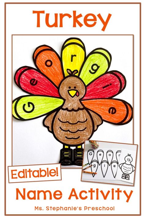 Turkey Name Craft Activity to make this Thanksgiving Turkey Name Activity Preschool, Name Turkey Craft, Shape Turkey Crafts Preschool, Thanksgiving Theme Preschool Crafts, Turkey Names For Preschool, Turkey Name Activity, Thanksgiving Week Activities Preschool, Thanksgiving Week Activities Kindergarten, November Name Craft